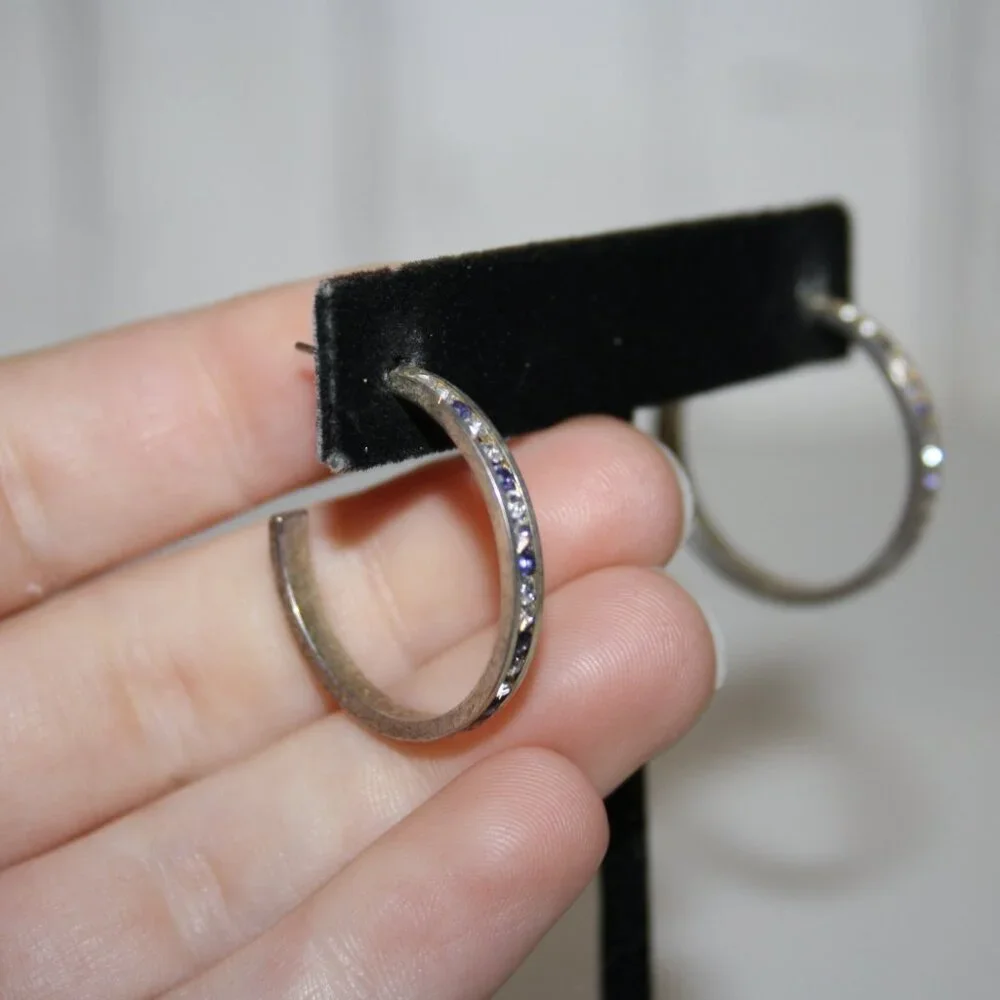 Beautiful silver hoop earrings with blue and white CZ's 1" - Picture 2 of 5